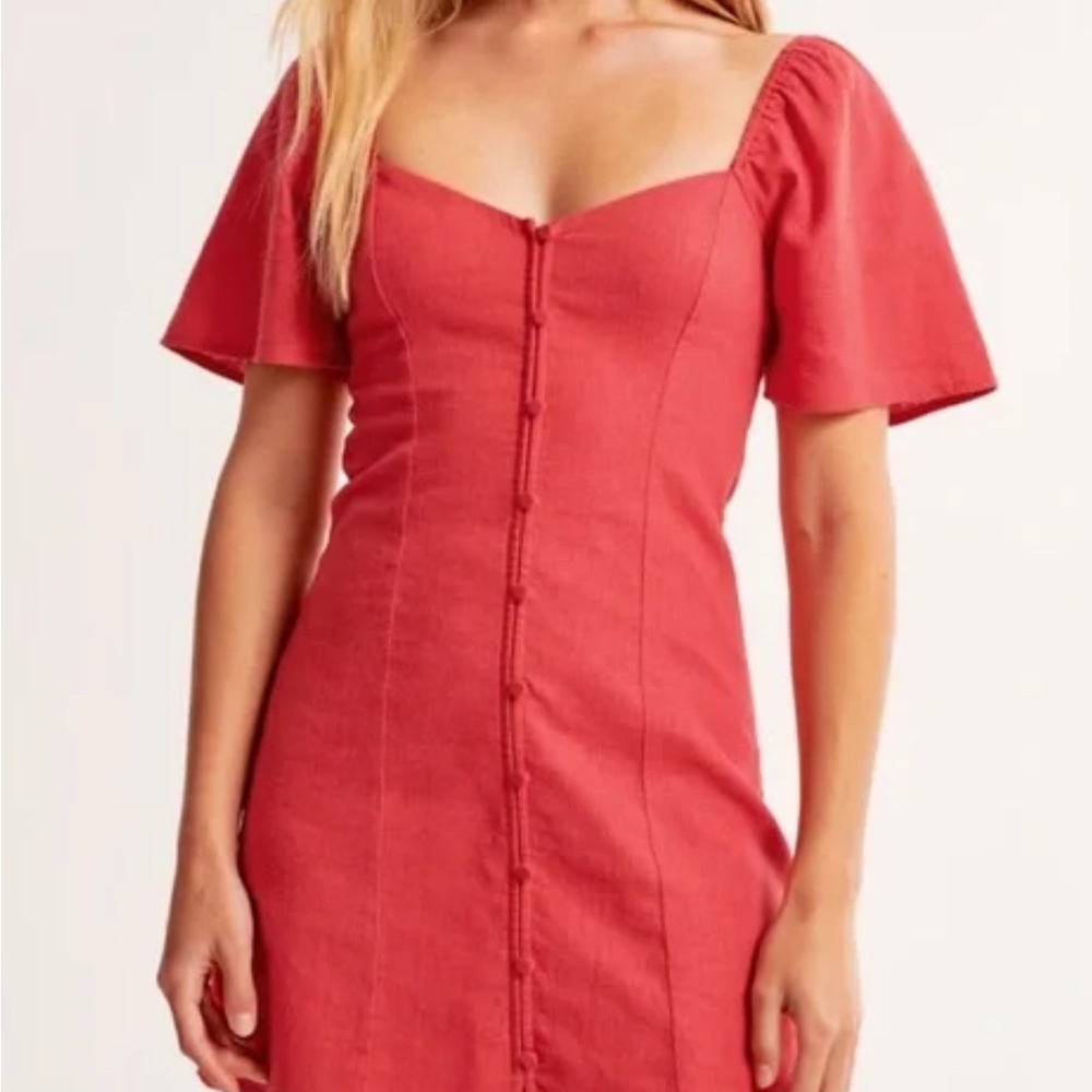 Abercrombie & Fitch Coral Red Linen Button-Front Mini Dress